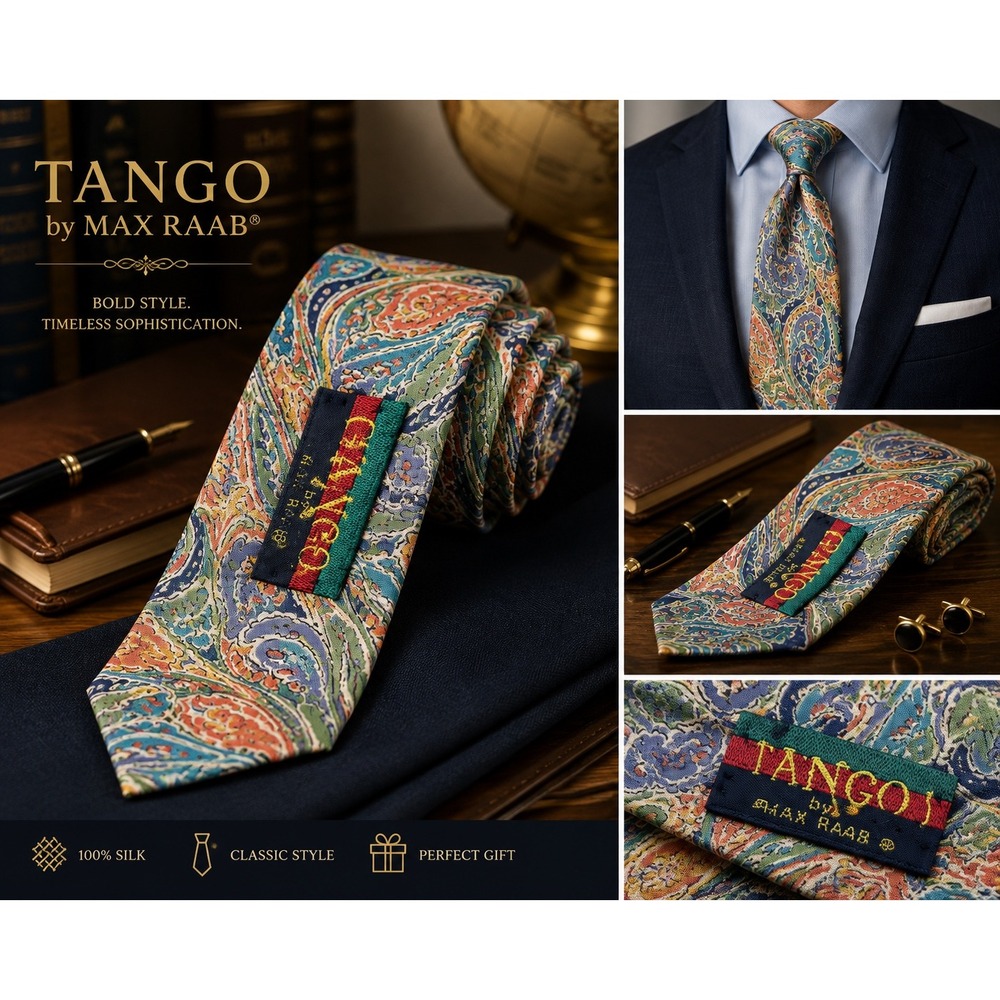 Tango by Max Raab 100% Silk Paisley Necktie Blue Green Peach Designer Tie